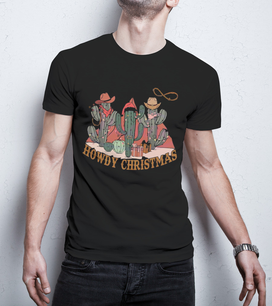 Howdy Christmas Cactus Cowboy Hats And Lasso Holiday Scene T-Shirt