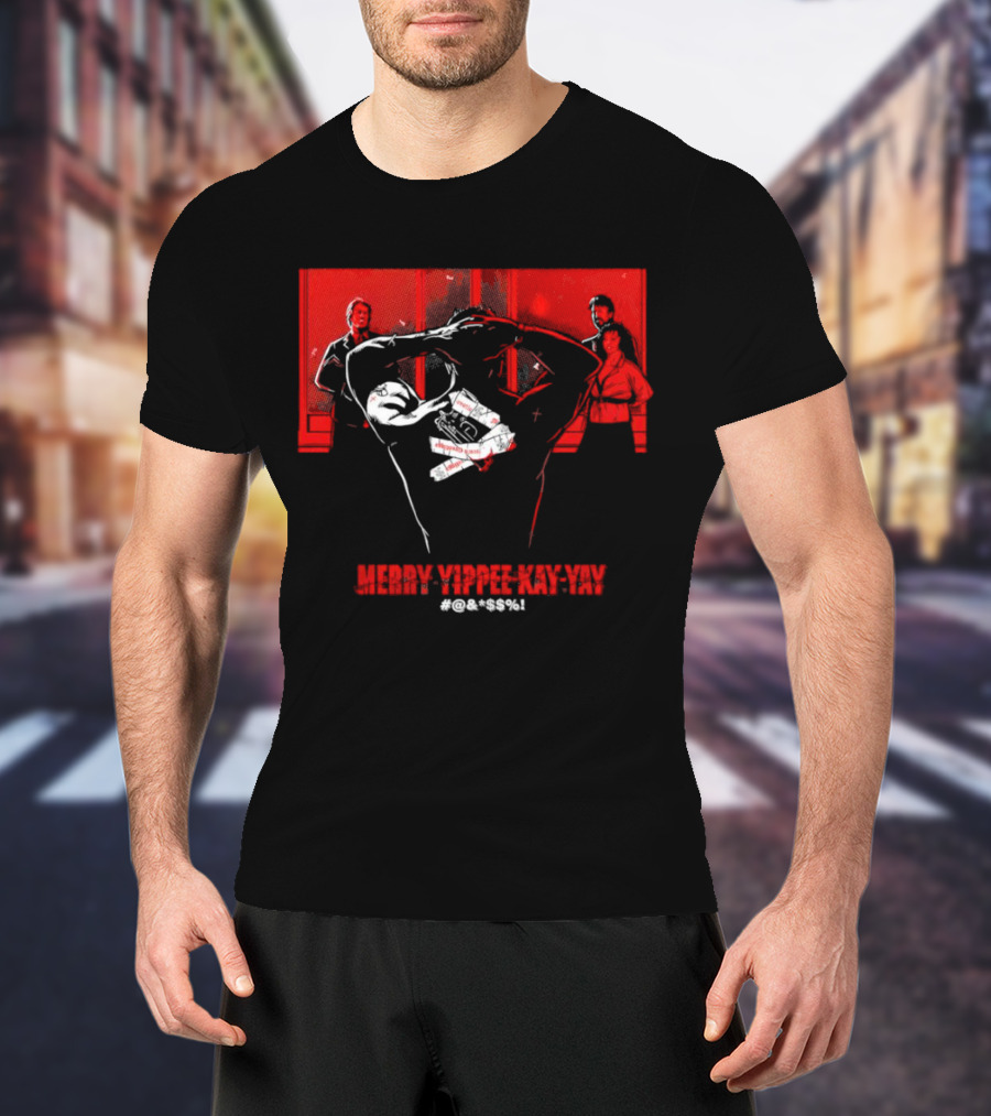 Merry Yippee Kay Yay Die Hard Christmas Scene With Characters And Explosives T-Shirt