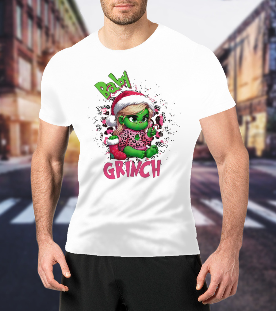 Baby Grinch Pink Leopard Christmas T-Shirt