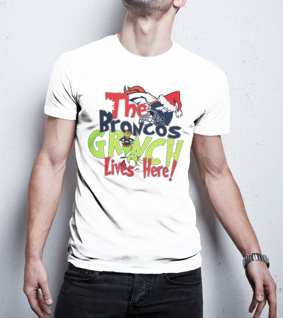 The Broncos Grinch Lives Here Christmas Denver Broncos Santa Hat Helmet T-Shirt