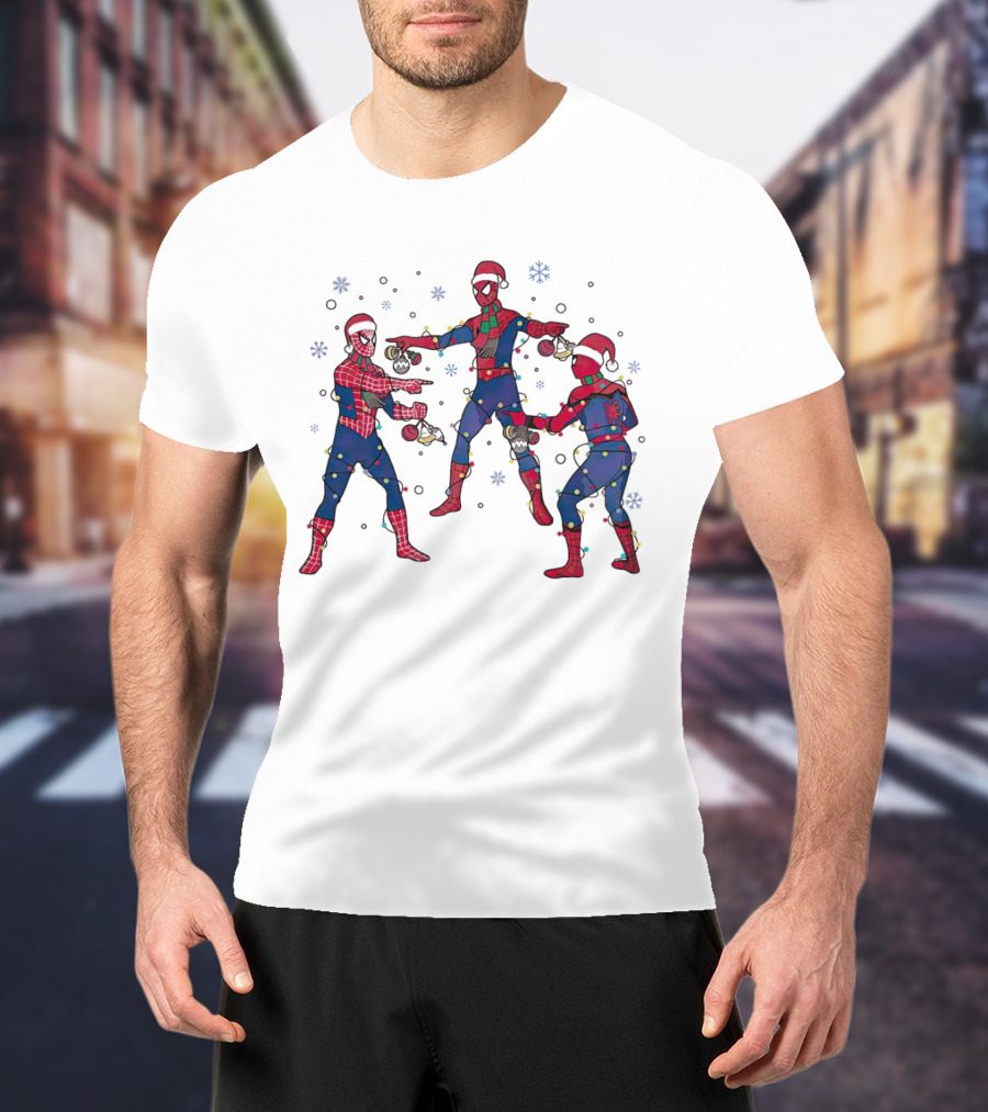 Funny Marvel Three Spiderman Meme Santa Christmas Lights Snowflakes T-Shirt