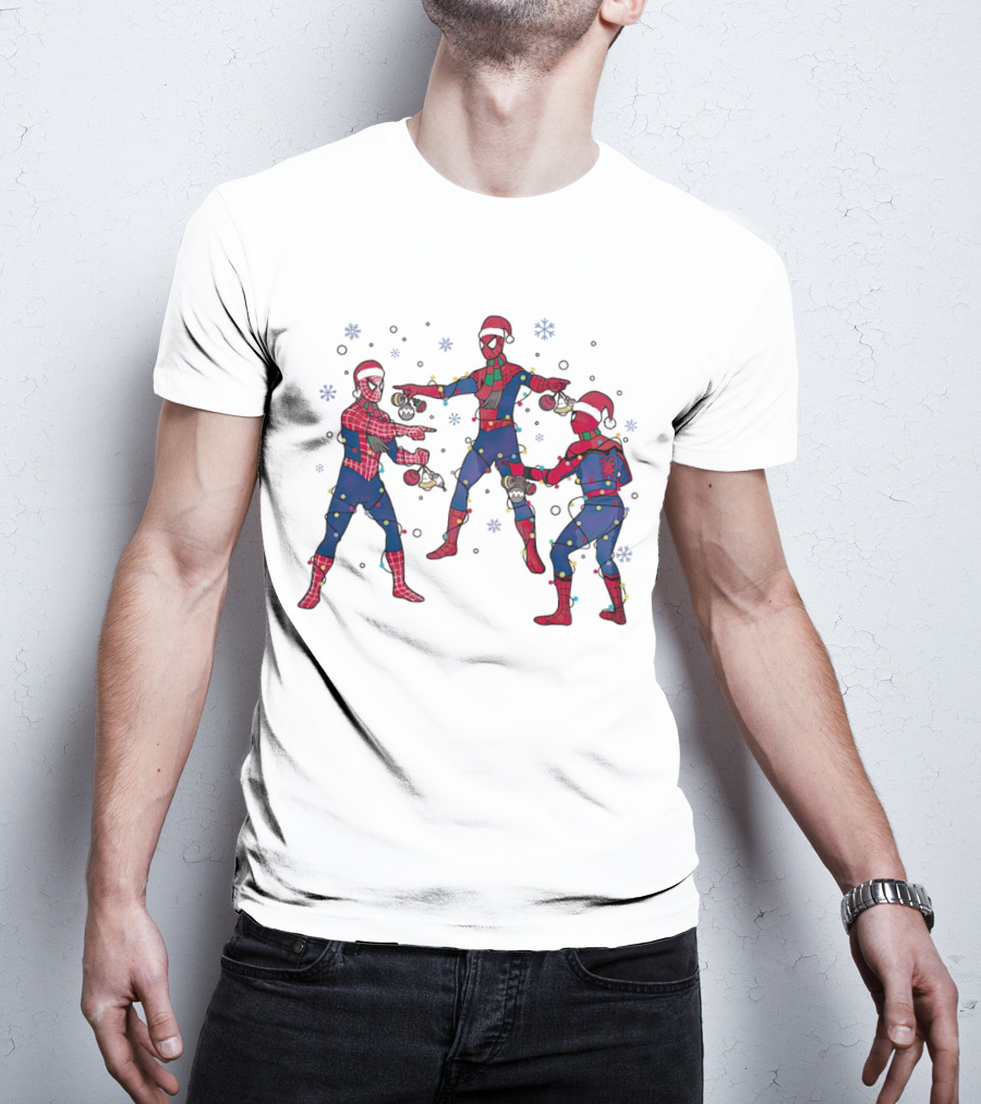 Funny Marvel Three Spiderman Meme Santa Christmas Lights Snowflakes T-Shirt