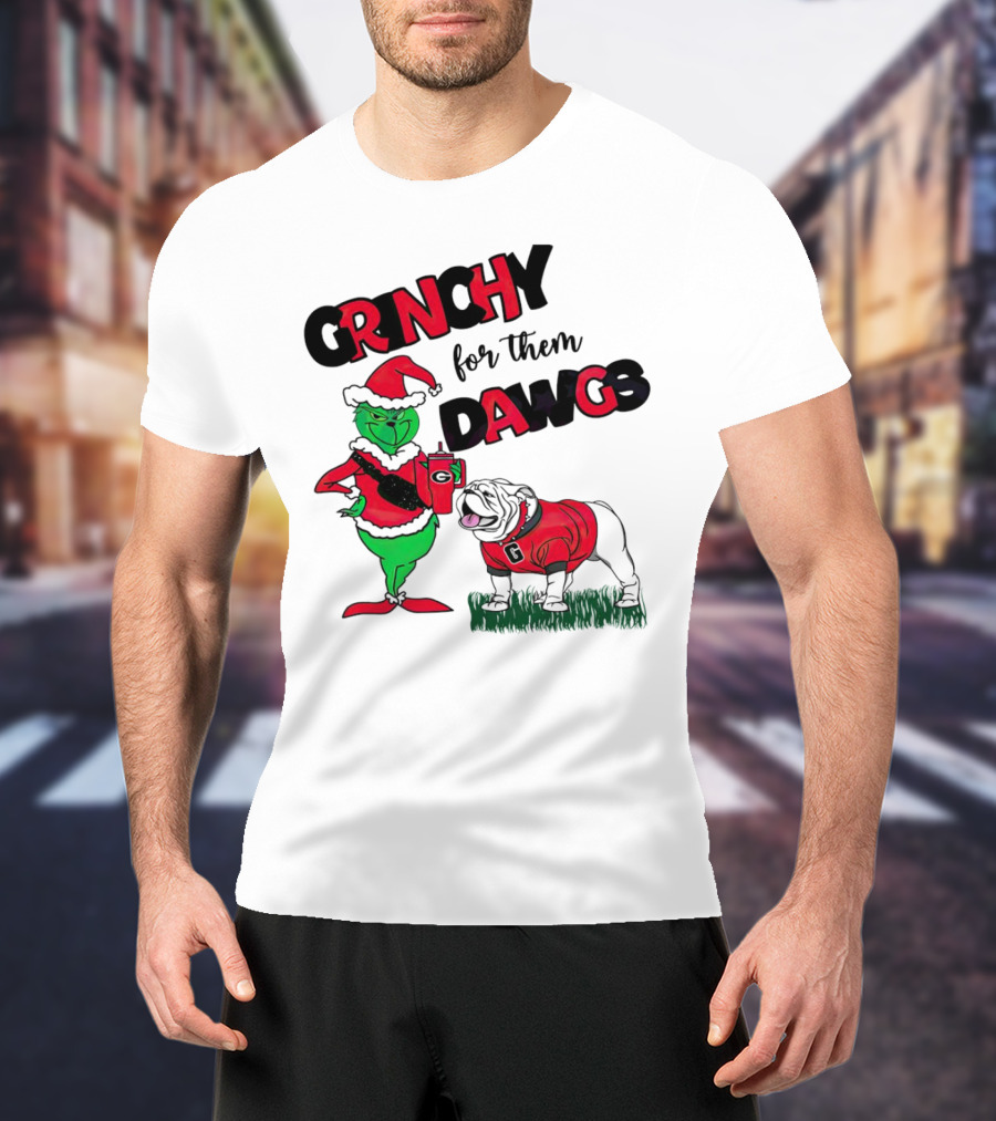 Grinchy For Them Dawgs Georgia Bulldogs Football Christmas Grinch Holding Drink And Bulldog Wearing Red T-Shirt