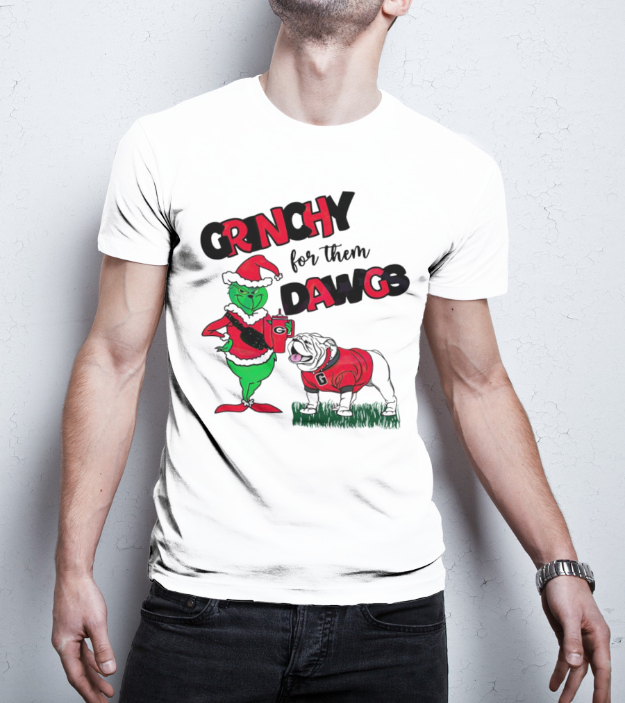 Grinchy For Them Dawgs Georgia Bulldogs Football Christmas Grinch Holding Drink And Bulldog Wearing Red T-Shirt