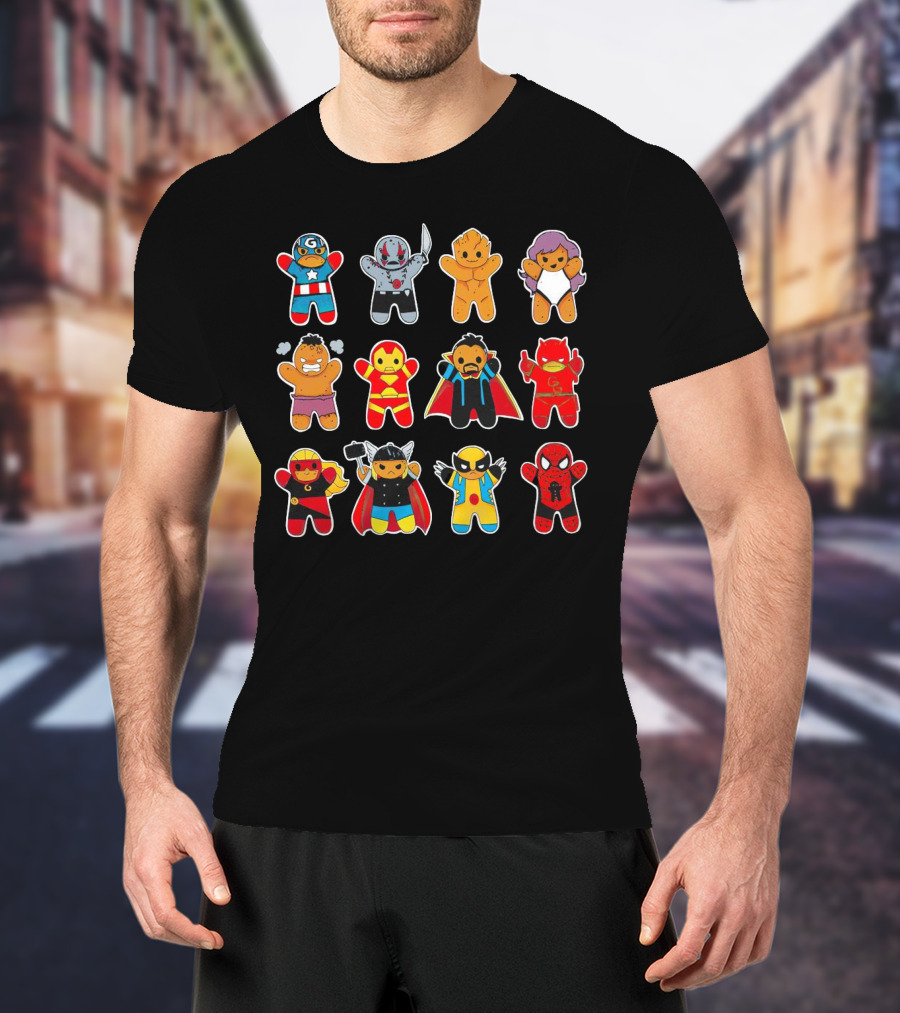 Gingerbread Super Heroes Cookie Avengers Guardians Comic Fun T-Shirt