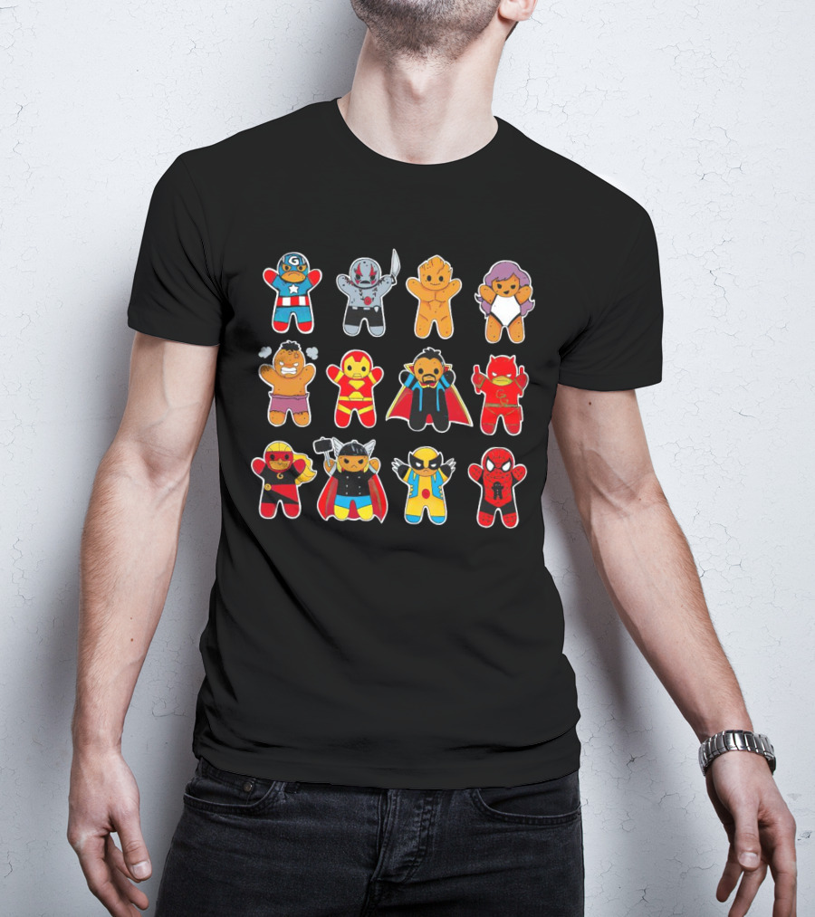 Gingerbread Super Heroes Cookie Avengers Guardians Comic Fun T-Shirt