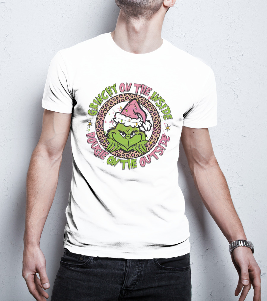 Grinchy On The Inside Bougie On The Outside Leopard Santa Hat T-Shirt