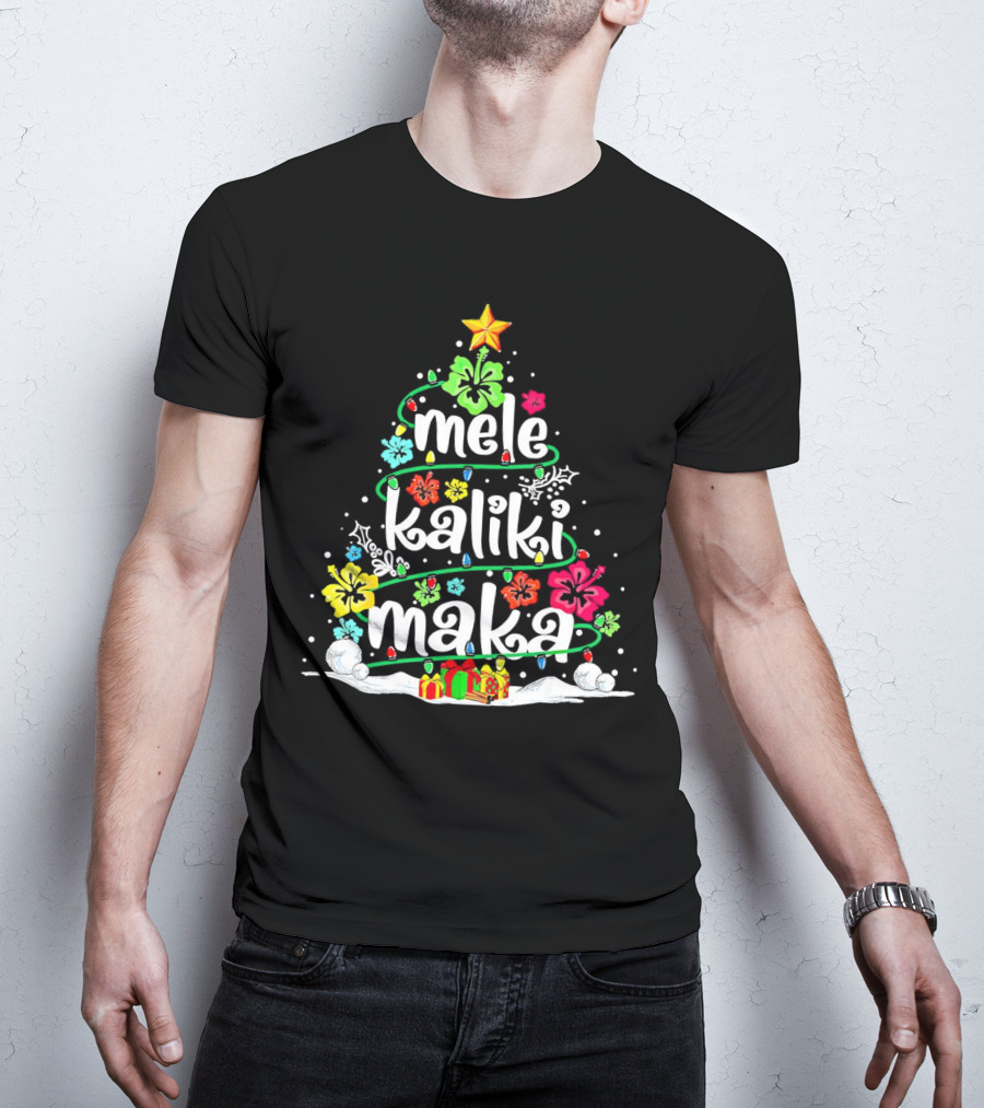 Mele Kalikimaka Christmas Tree With Flowers And Gifts T-Shirt