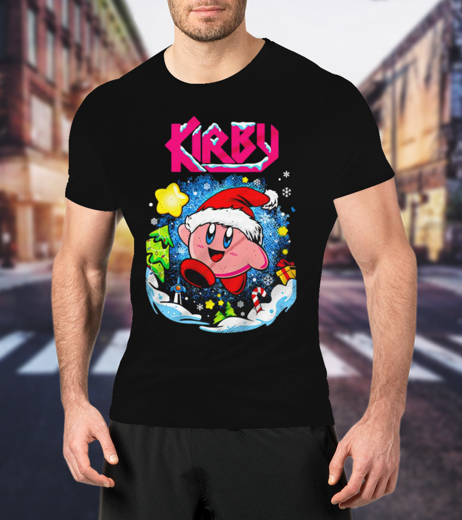Kirby Holiday Snow Adventure With Kreator Style Santa Hat And Winter Delights T-Shirt