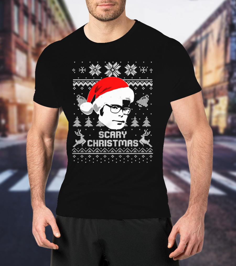 Stephen King Scary Christmas Ugly Sweater Santa Hat Reindeer Snowflakes T-Shirt