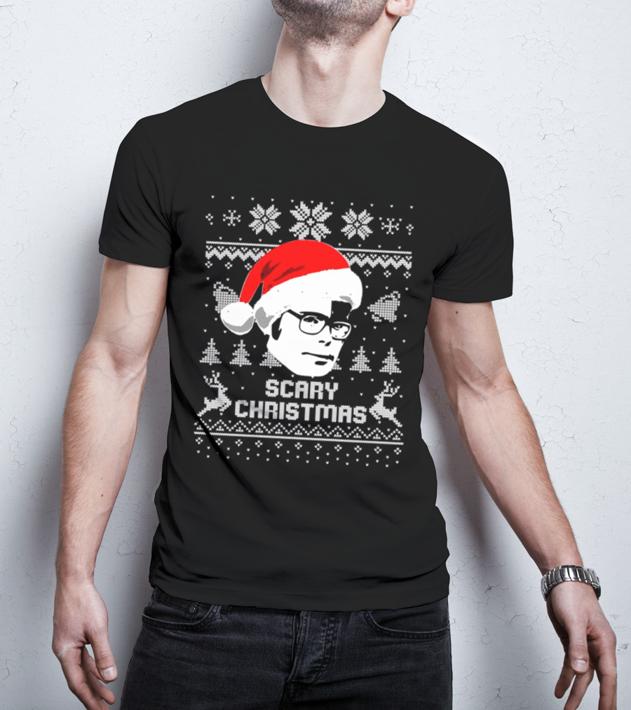 Stephen King Scary Christmas Ugly Sweater Santa Hat Reindeer Snowflakes T-Shirt