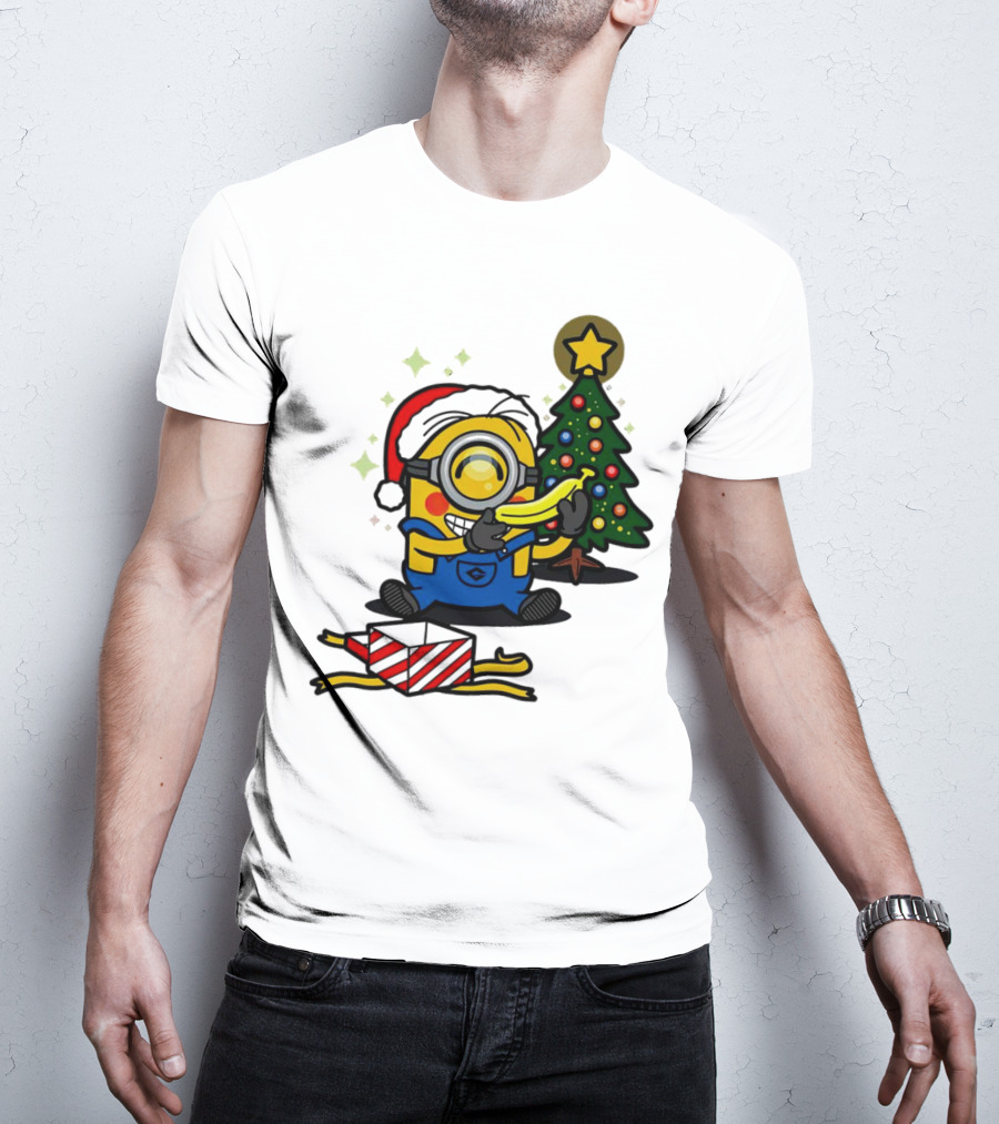 Minion Santa Hat With Banana Christmas Tree And Gift Box T-Shirt