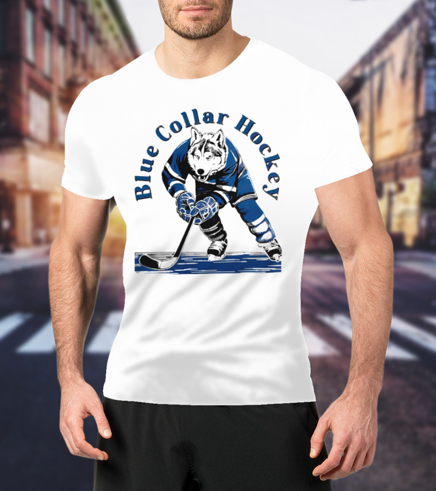 Blue Collar Hockey Wolf Player In Action T-Shirt