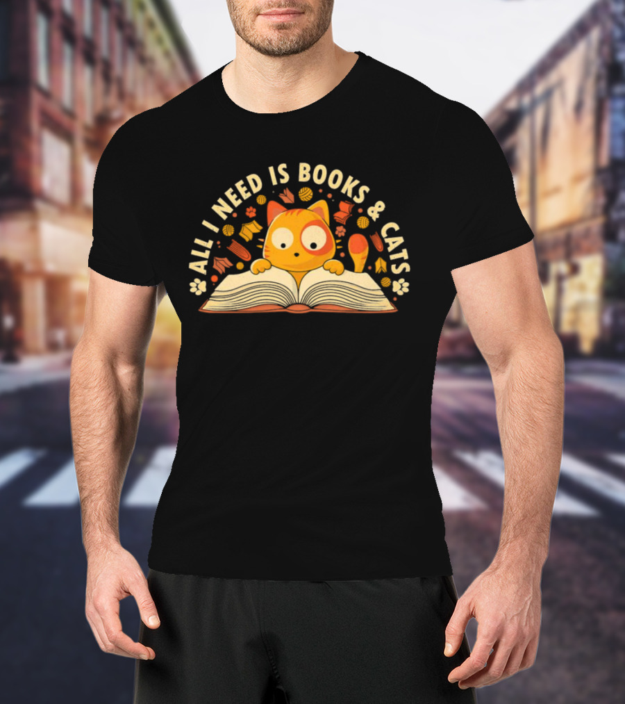All I Need Is Books And Cats With Curious Feline And Open Book T-Shirt