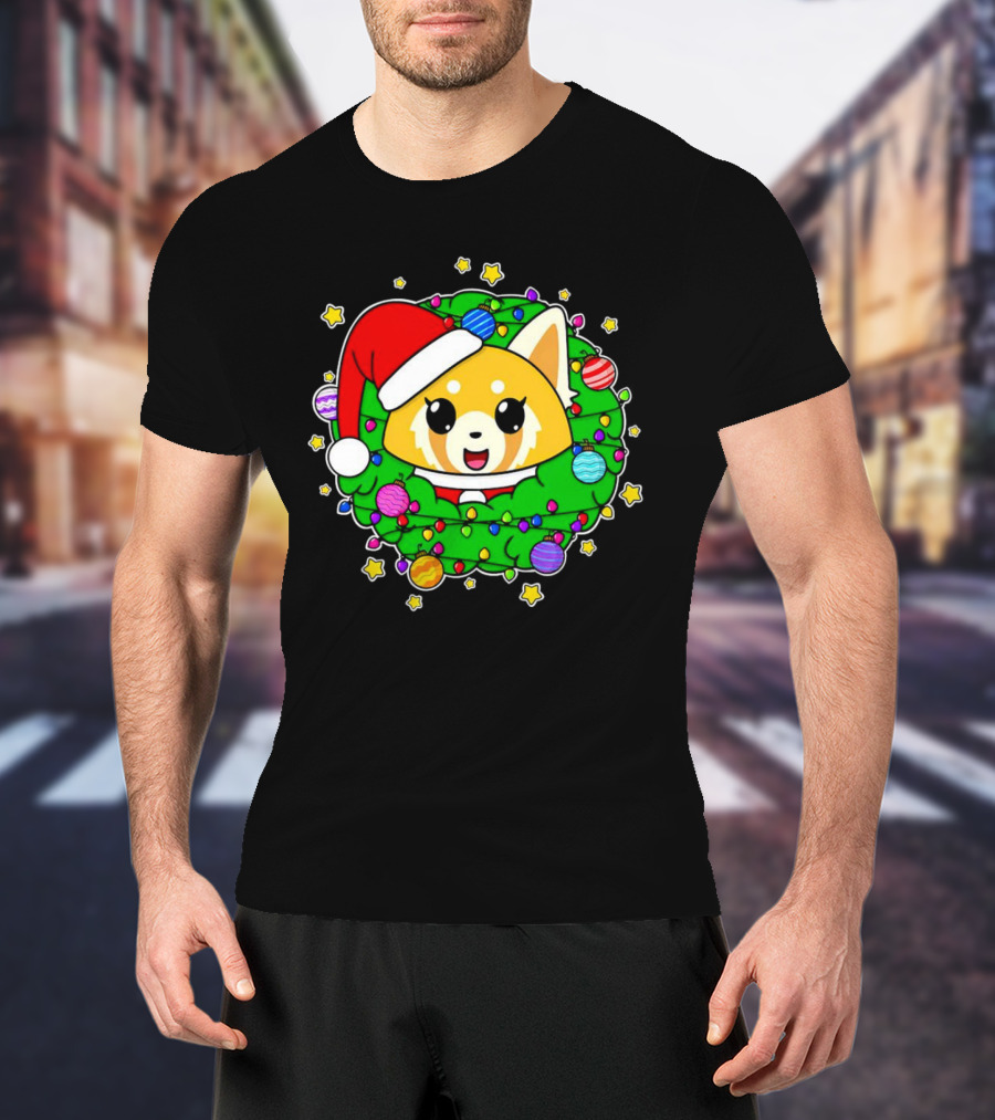 Aggressively Merry Christmas Kawaii Red Panda With Santa Hat In Holiday Wreath T-Shirt