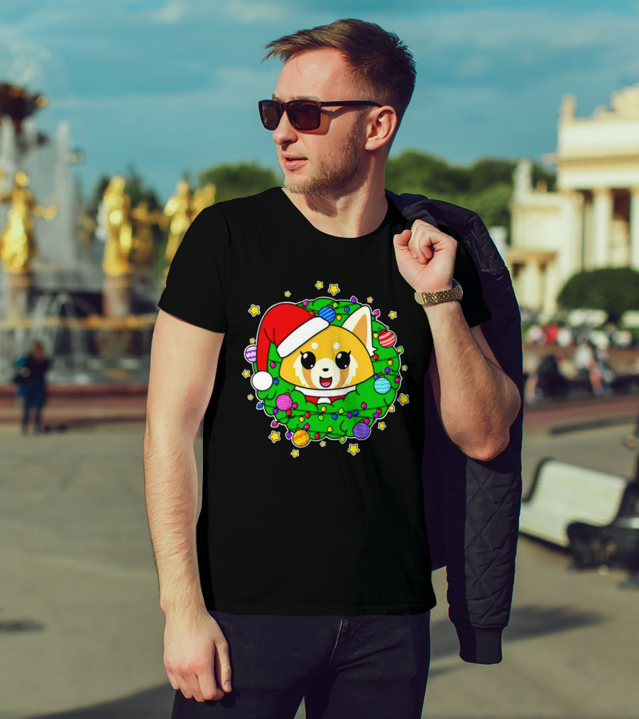 Aggressively Merry Christmas Kawaii Red Panda With Santa Hat In Holiday Wreath T-Shirt
