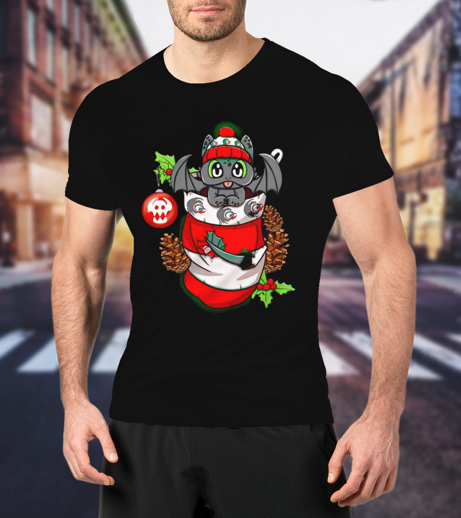 Baby Dragon Holiday Stocking With Skull Ornament And Pinecones T-Shirt