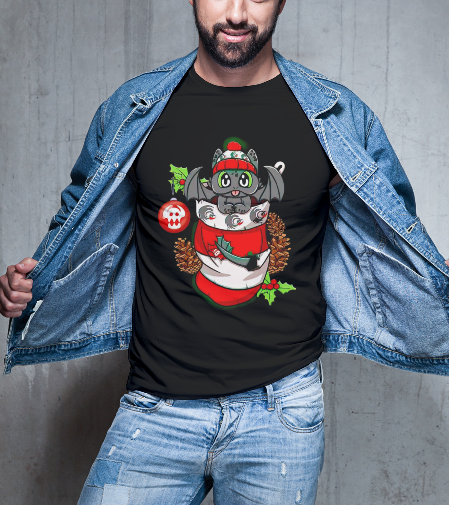 Baby Dragon Holiday Stocking With Skull Ornament And Pinecones T-Shirt