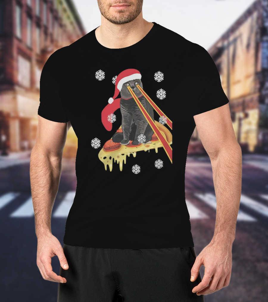 The Guardians Of The Galaxy Drax Cat Pizza Laser Eyes Santa Hat Christmas Snowflakes T-Shirt