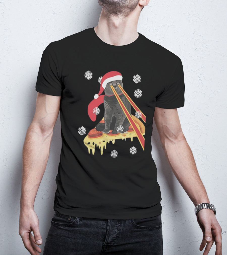 The Guardians Of The Galaxy Drax Cat Pizza Laser Eyes Santa Hat Christmas Snowflakes T-Shirt