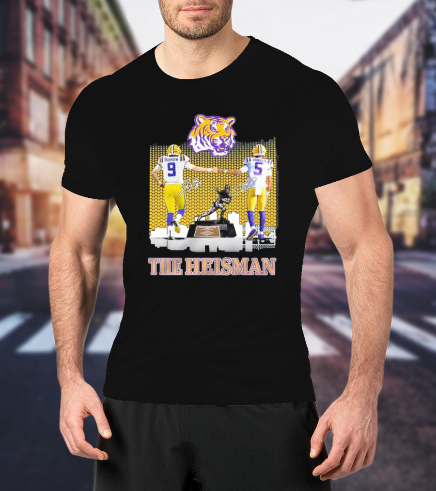 The Heisman LSU Tigers Burrow Daniels Tiger Head Football Trophy T-Shirt