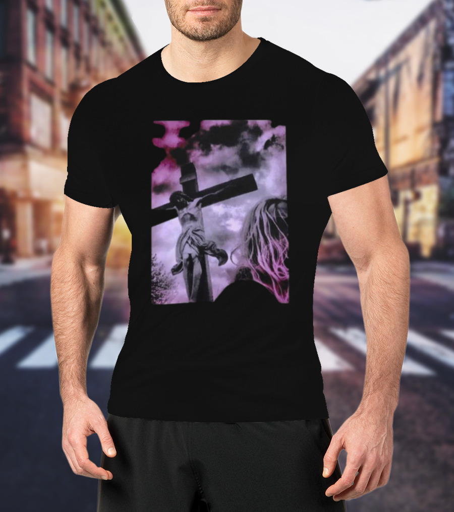 Zakk Wylde Jesus Crucifixion Image With Dark Sky And Blonde Hair Motif T-Shirt
