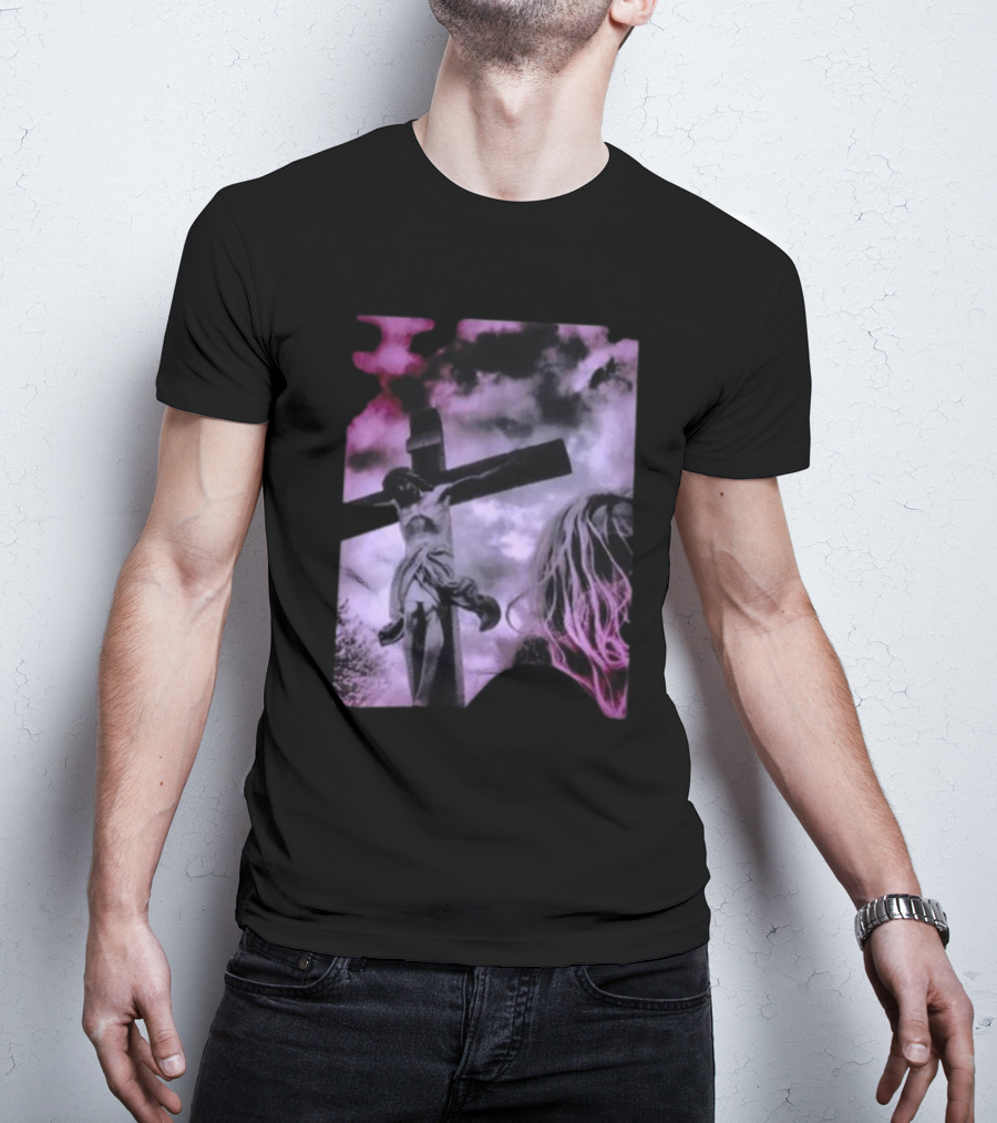Zakk Wylde Jesus Crucifixion Image With Dark Sky And Blonde Hair Motif T-Shirt