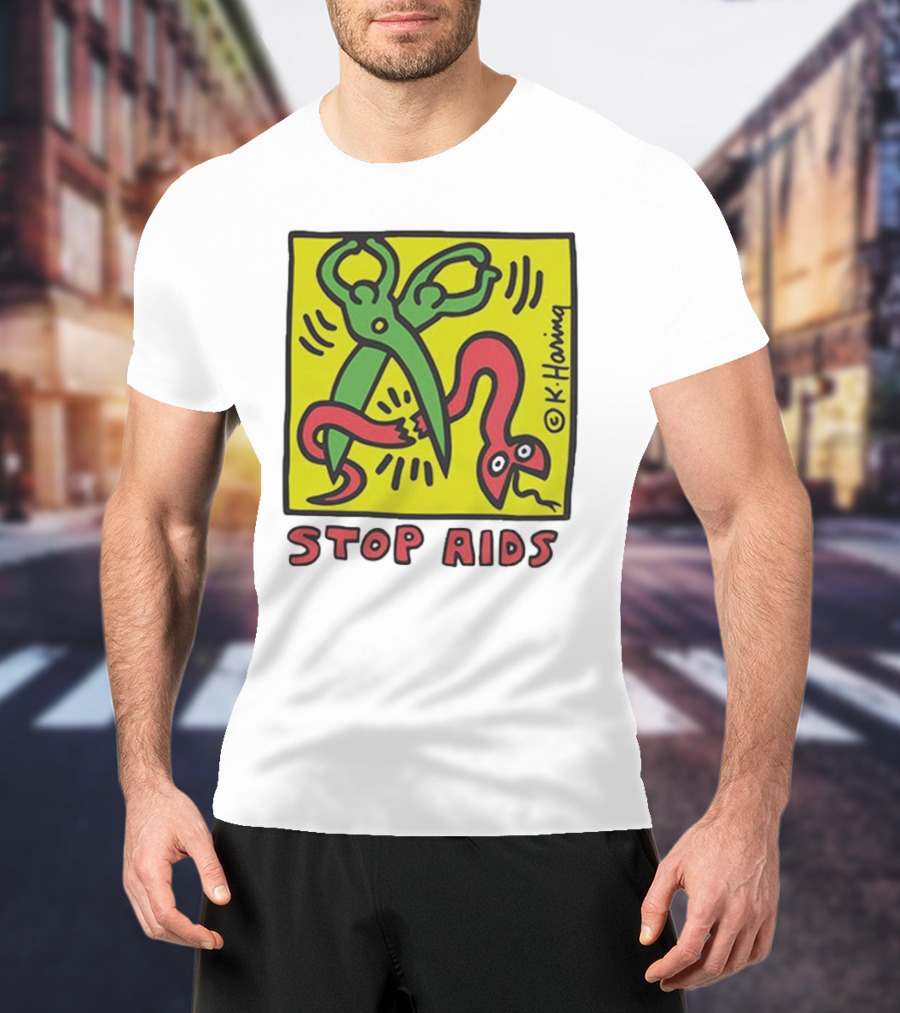 Keith Haring Stop Aids Scissors Cutting Snake T-Shirt