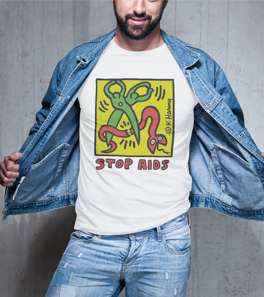 Keith Haring Stop Aids Scissors Cutting Snake T-Shirt
