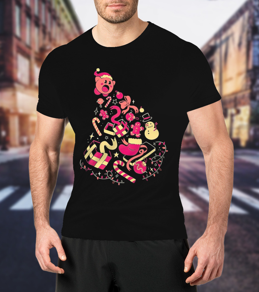 Kirby Christmas Santa Hat And Holiday Icons T-Shirt