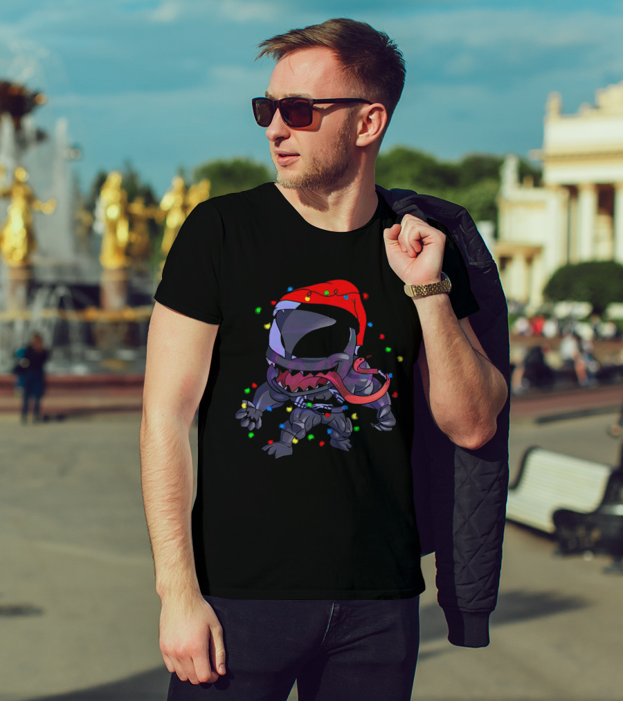 Venom Spiderman Marvel Christmas Lights Santa Hat T-Shirt