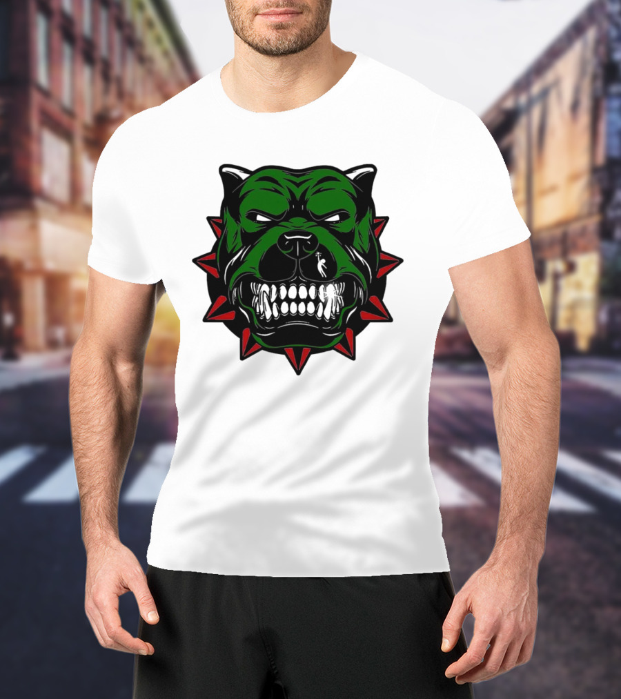 Angry Pitbull With Green Face And Red Spiked Collar Merry Christmas T-Shirt