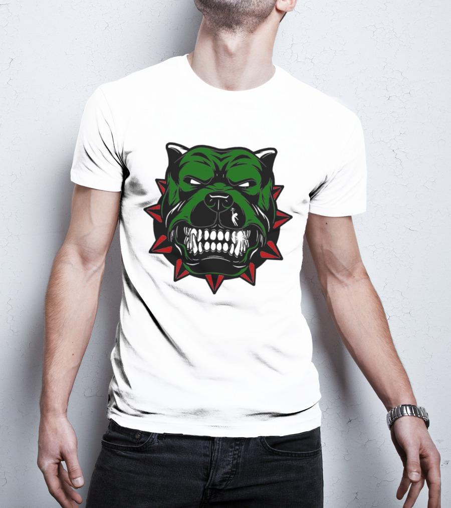 Angry Pitbull With Green Face And Red Spiked Collar Merry Christmas T-Shirt