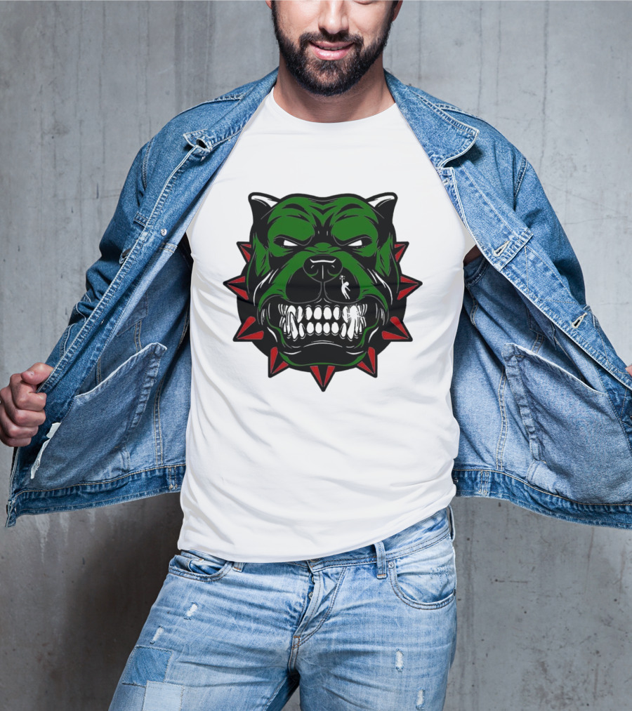 Angry Pitbull With Green Face And Red Spiked Collar Merry Christmas T-Shirt