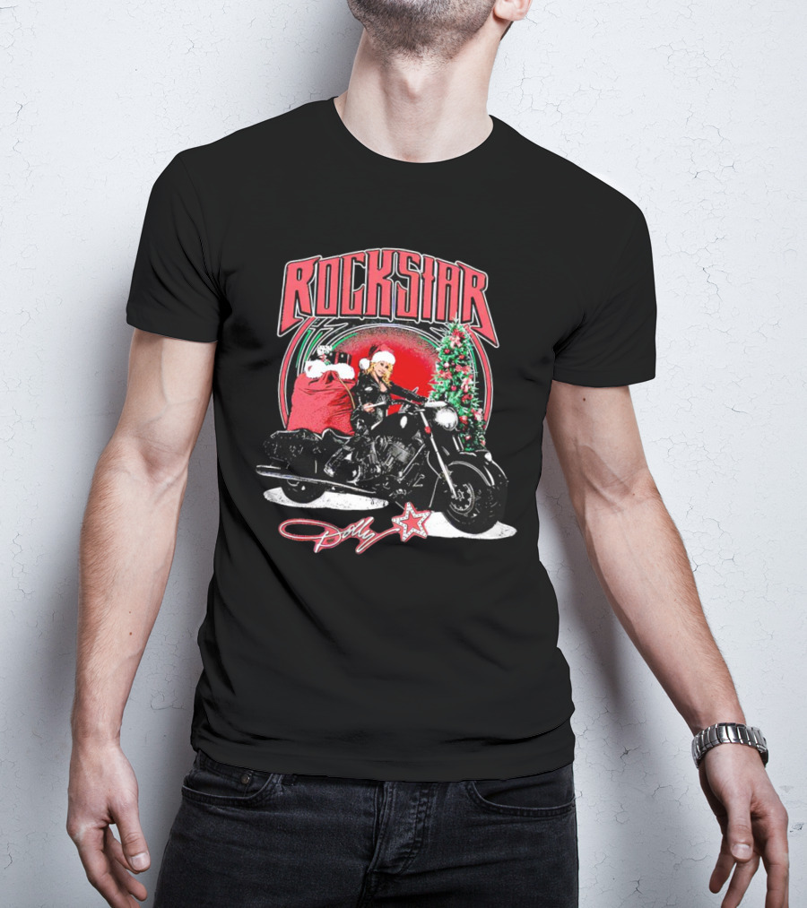 Rockstar Dolly Christmas Motorcycle Santa Holiday T-Shirt