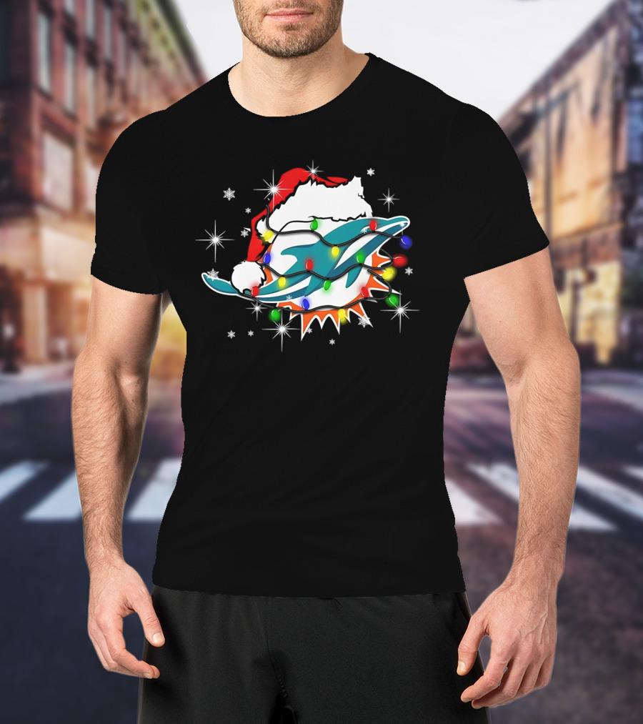 Miami Dolphins Santa Hat Christmas Lights Snowflakes T-Shirt