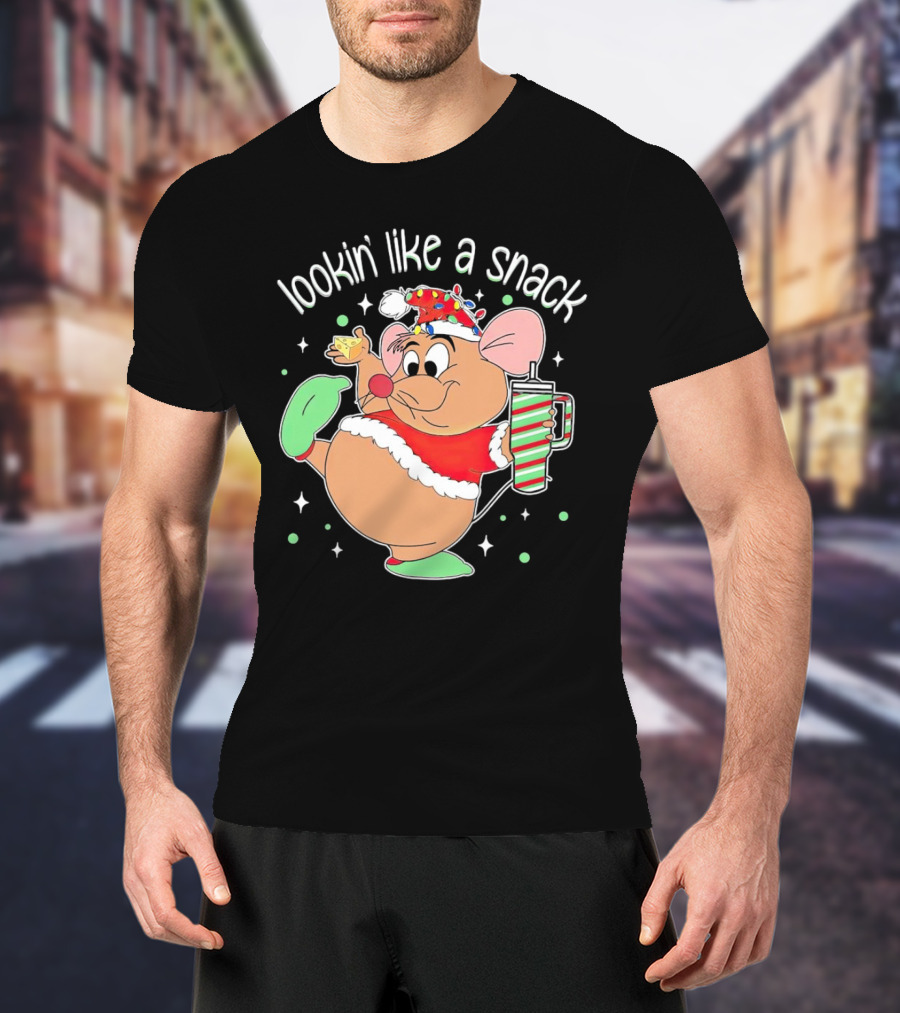 Lookin' Like A Snack Santa Mouse Holding Cheese And Peppermint Drink T-Shirt