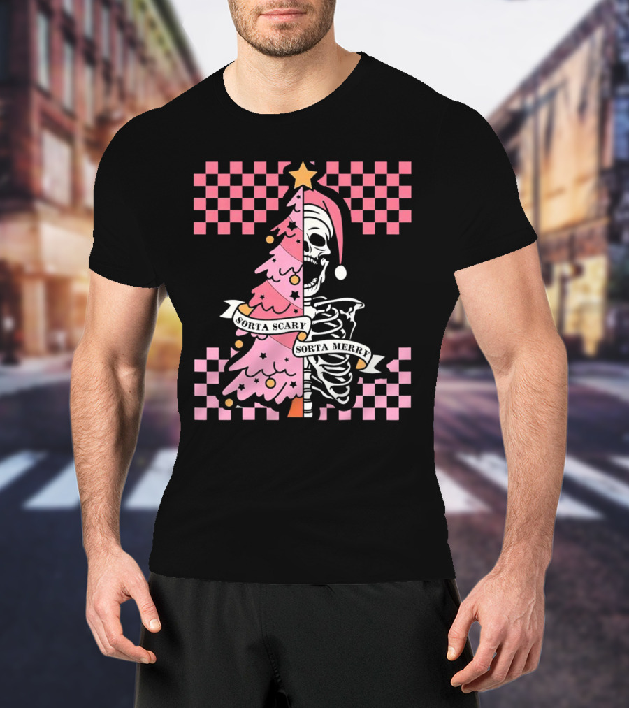 Skeleton Sorta Scary Sorta Merry Christmas Tree Split T-Shirt