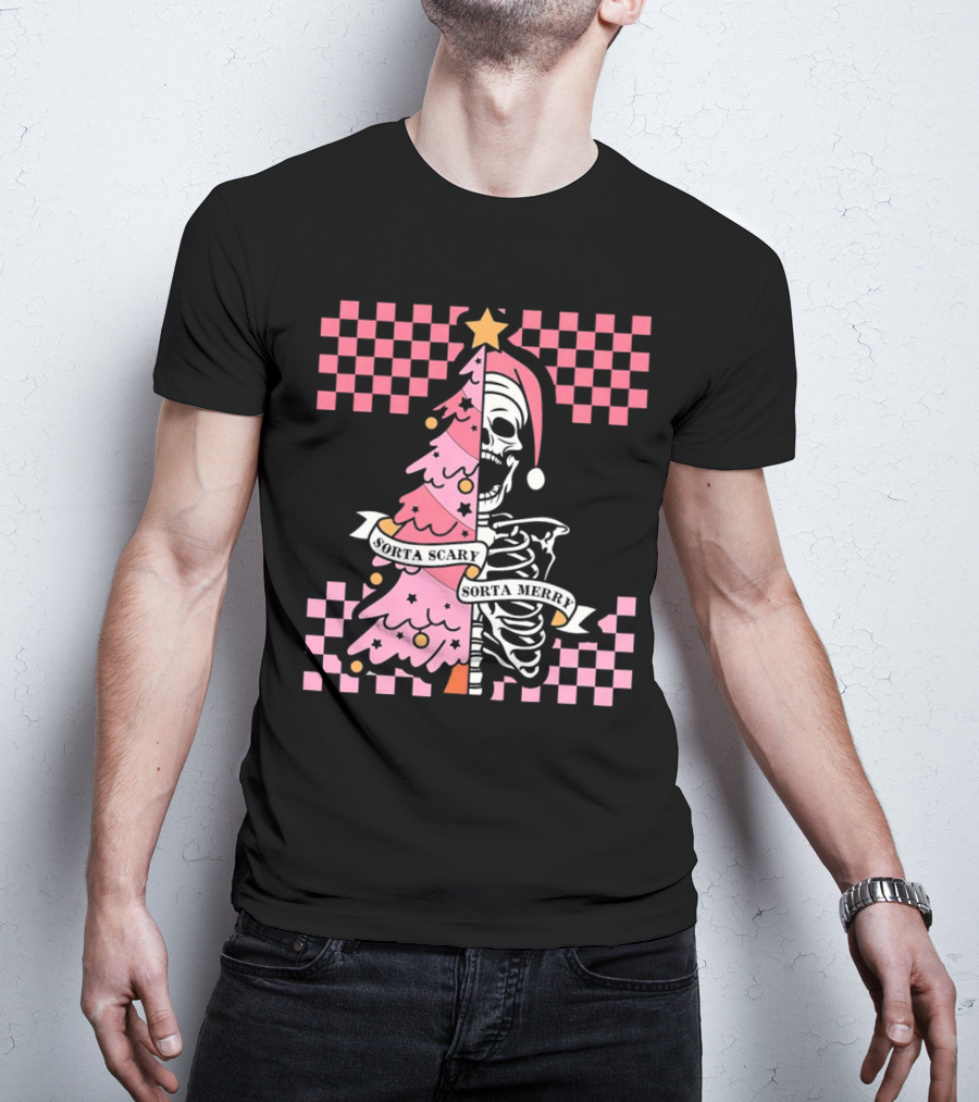 Skeleton Sorta Scary Sorta Merry Christmas Tree Split T-Shirt