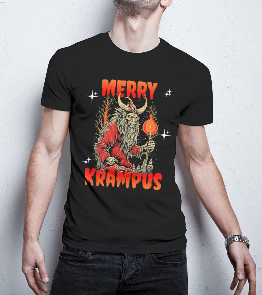 Merry Krampus Horror Christmas Demon With Fiery Torch In Forest Scene T-Shirt