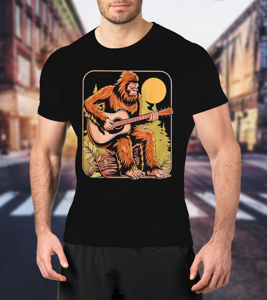 Bigfoot Playing Acoustic Guitar In Forest Scene T-Shirt
