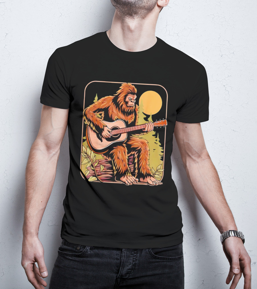 Bigfoot Playing Acoustic Guitar In Forest Scene T-Shirt