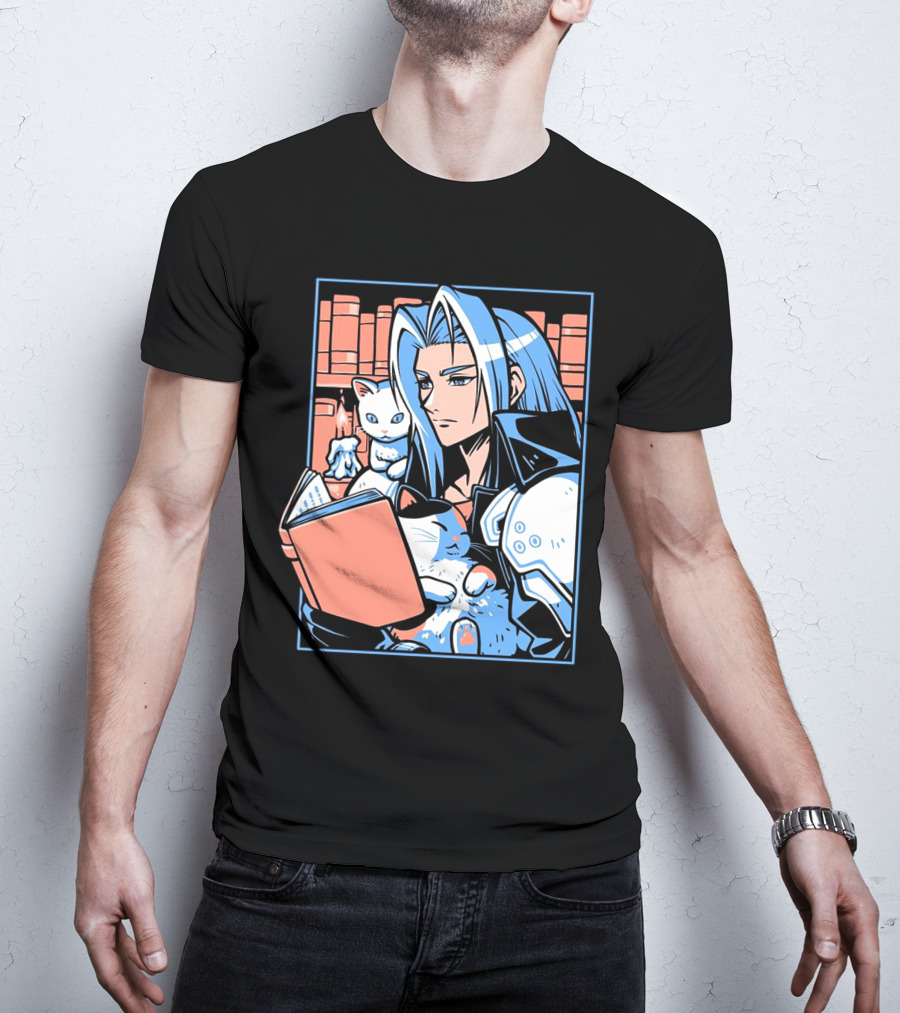 Sephiroth Reading In Basement Library With Cats And Books T-Shirt