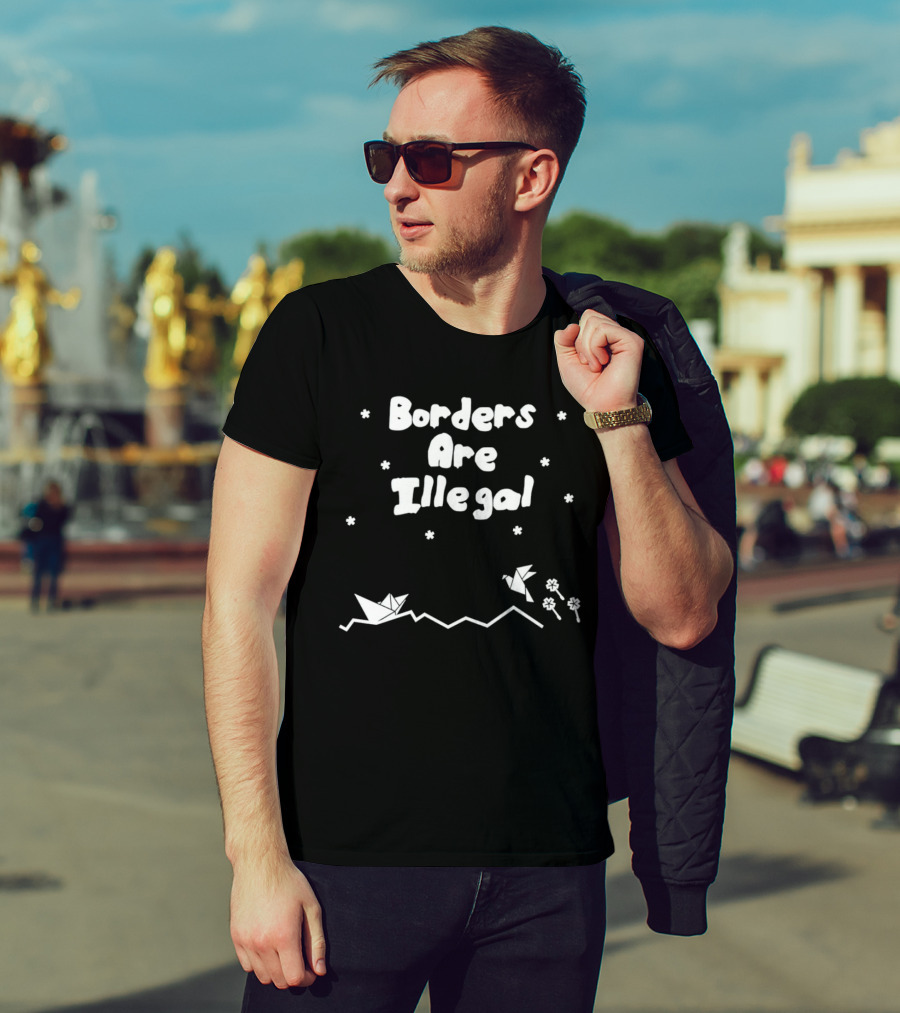 Borders Are Illegal Origami Boat And Bird With Flowers On Waves T-Shirt