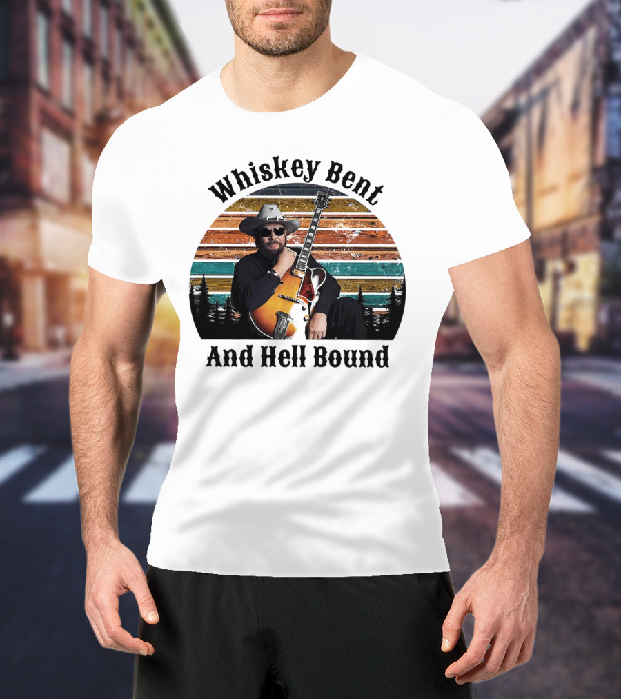 Whiskey Bent And Hell Bound Cowboy With Guitar Retro Sunset T-Shirt