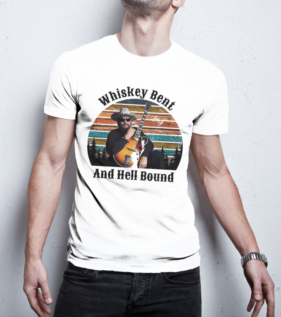 Whiskey Bent And Hell Bound Cowboy With Guitar Retro Sunset T-Shirt