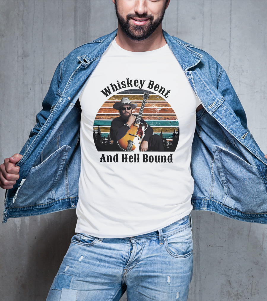 Whiskey Bent And Hell Bound Cowboy With Guitar Retro Sunset T-Shirt