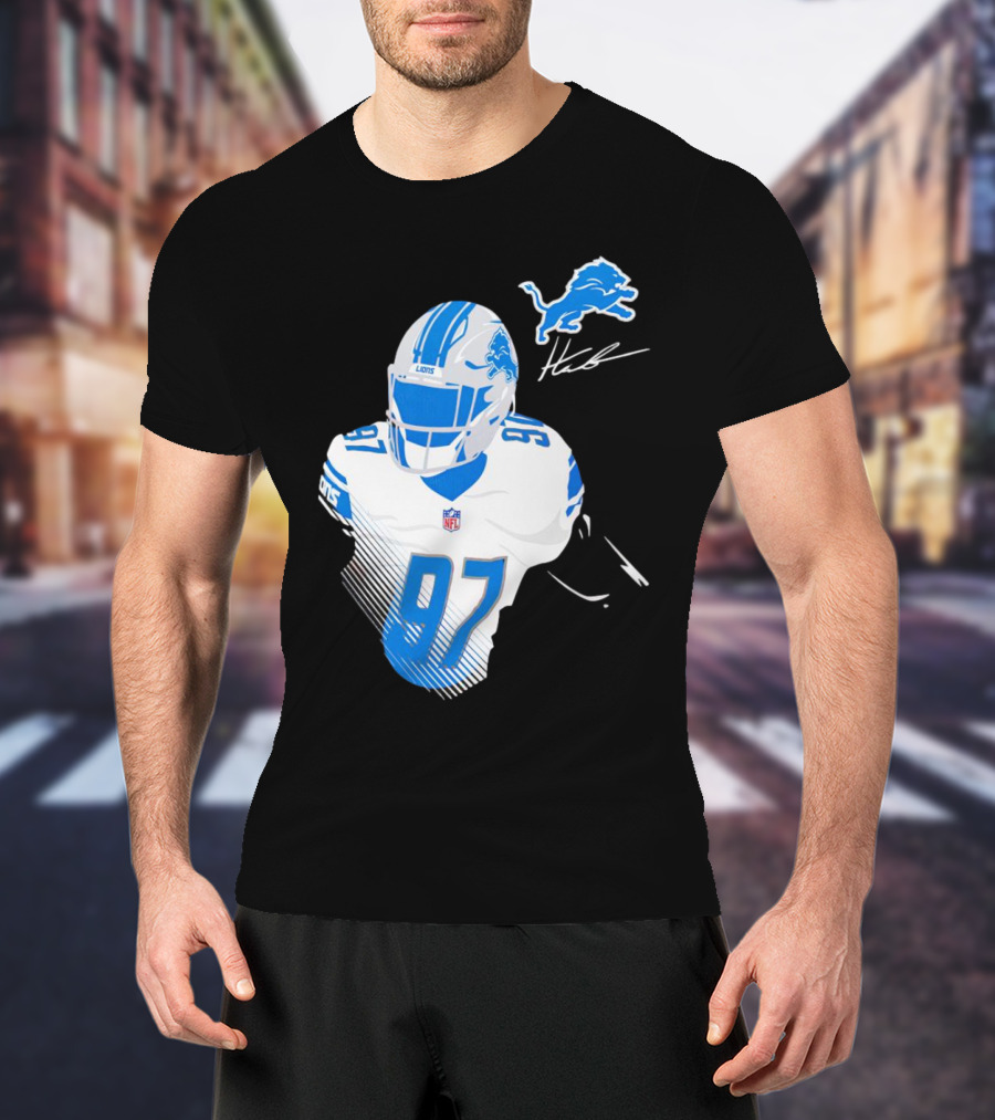 Aidan Hutchinson Detroit Lions Player Signature 97 NFL Logo Lions Helmet T-Shirt