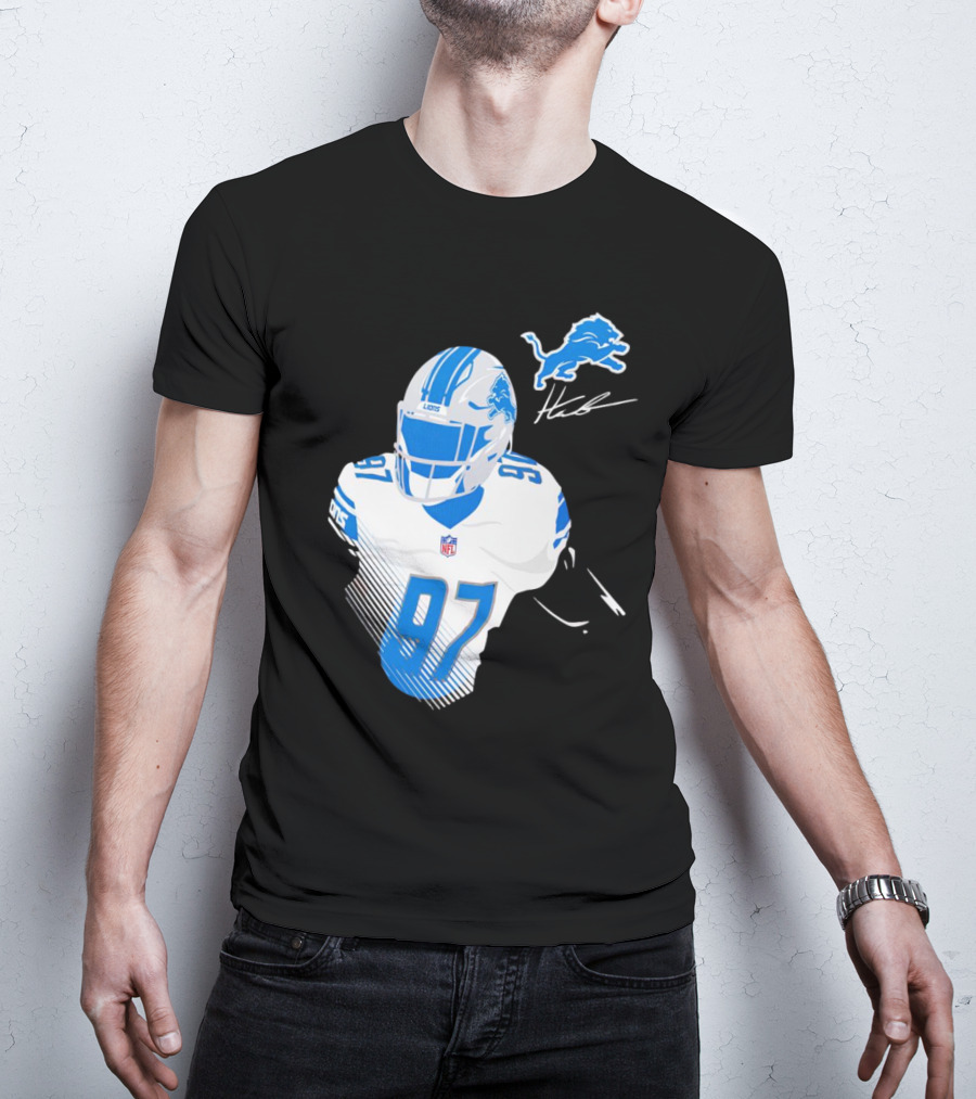 Aidan Hutchinson Detroit Lions Player Signature 97 NFL Logo Lions Helmet T-Shirt