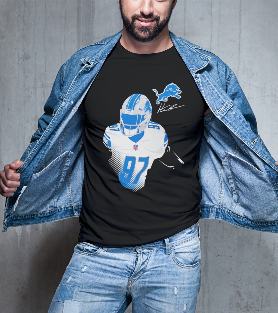 Aidan Hutchinson Detroit Lions Player Signature 97 NFL Logo Lions Helmet T-Shirt